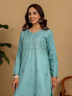 Sea Green Zawiya Dyed Regular Size Mulmul Cotton Chikankari Kurti with Lace Detailing – Perfect for Every Occasions, malabis.in