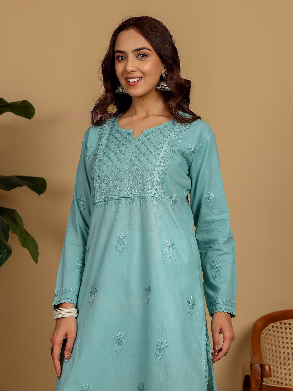 Sea Green Zawiya Dyed Regular Size Mulmul Cotton Chikankari Kurti with Lace Detailing – Perfect for Every Occasions, malabis.in