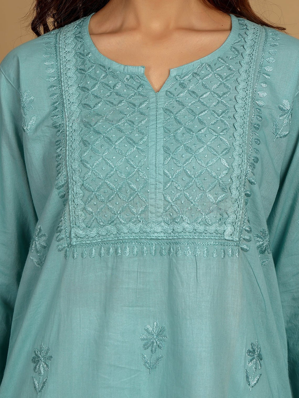 Sea Green Zawiya Dyed Regular Size Mulmul Cotton Chikankari Kurti with Lace Detailing – Perfect for Every Occasions, malabis.in