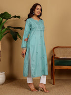Sea Green Zawiya Dyed Regular Size Mulmul Cotton Chikankari Kurti with Lace Detailing – Perfect for Every Occasions, malabis.in