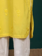 Yellow Zawiya Dyed Regular Size Mulmul Cotton Chikankari Kurti with Lace Detailing – Perfect for Every Occasions, malabis.in