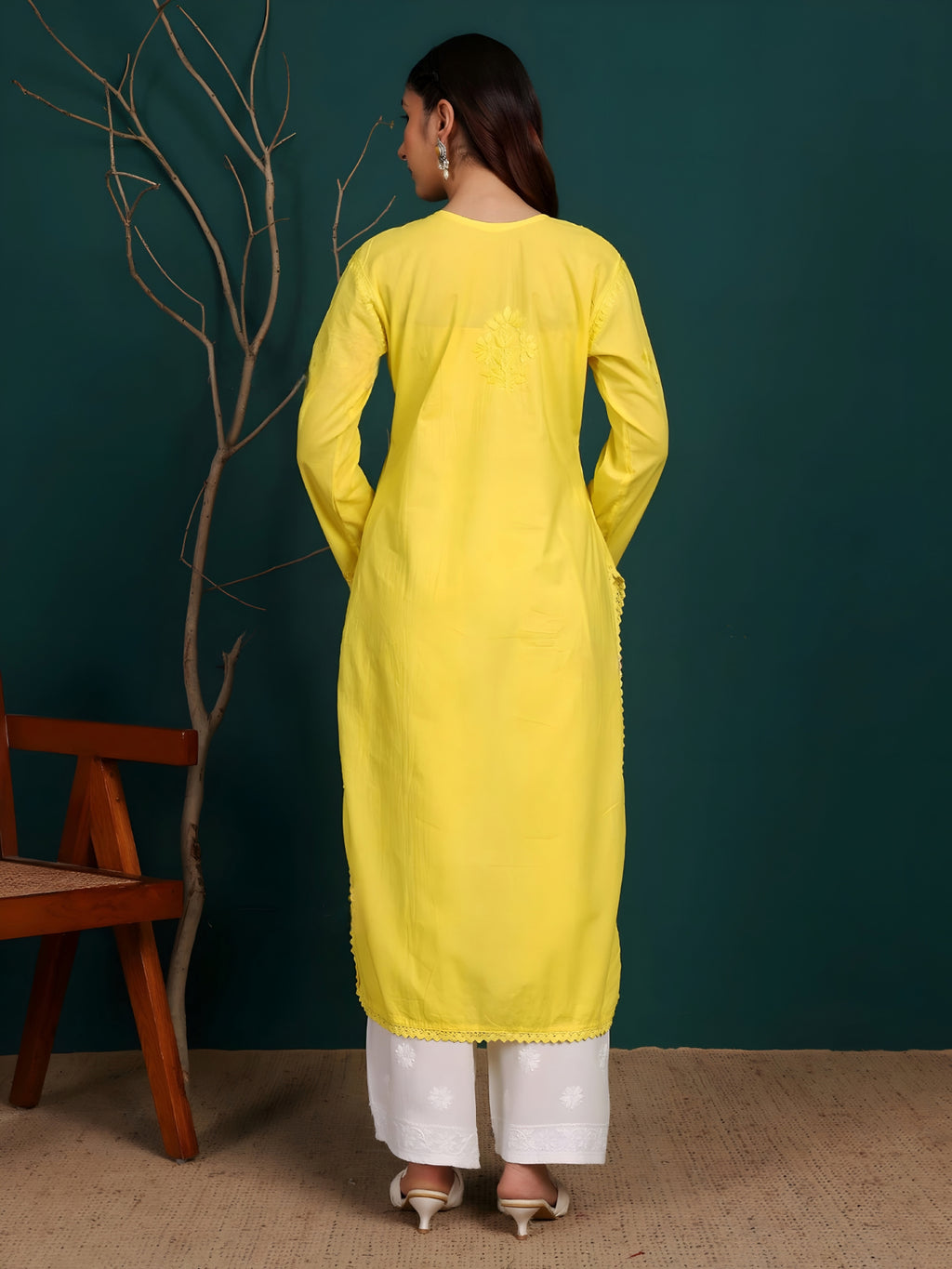 Yellow Zawiya Dyed Regular Size Mulmul Cotton Chikankari Kurti with Lace Detailing – Perfect for Every Occasions, malabis.in