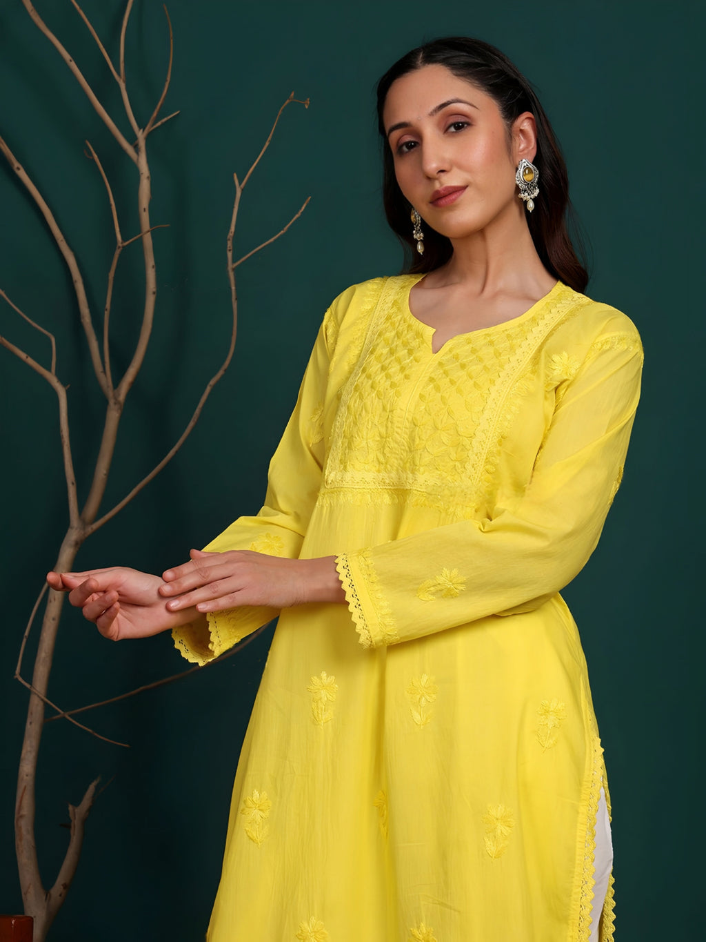 Yellow Zawiya Dyed Regular Size Mulmul Cotton Chikankari Kurti with Lace Detailing – Perfect for Every Occasions, malabis.in