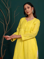 Yellow Zawiya Dyed Regular Size Mulmul Cotton Chikankari Kurti with Lace Detailing – Perfect for Every Occasions, malabis.in