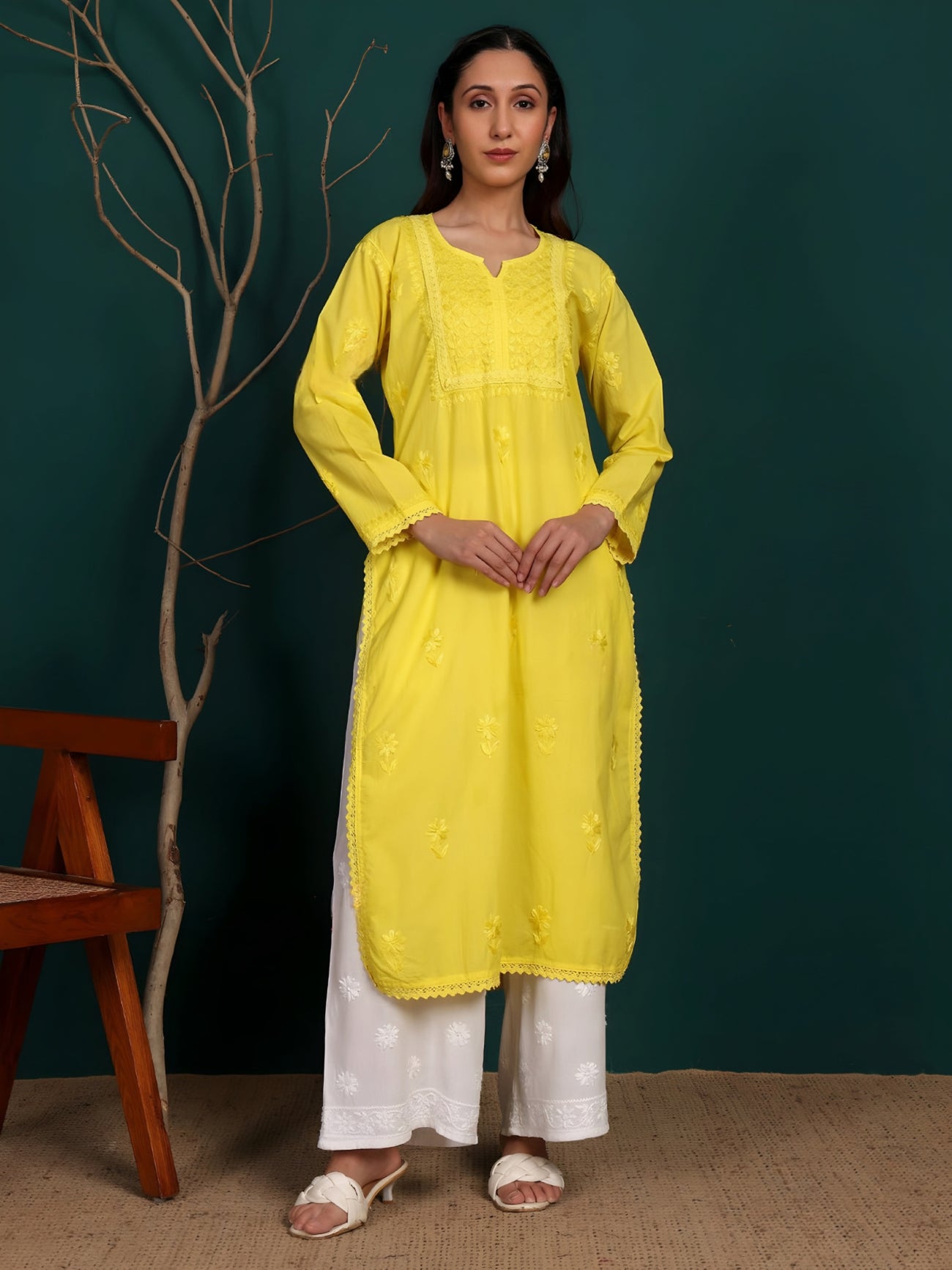 Yellow Zawiya Dyed Regular Size Mulmul Cotton Chikankari Kurti with Lace Detailing – Perfect for Every Occasions, malabis.in