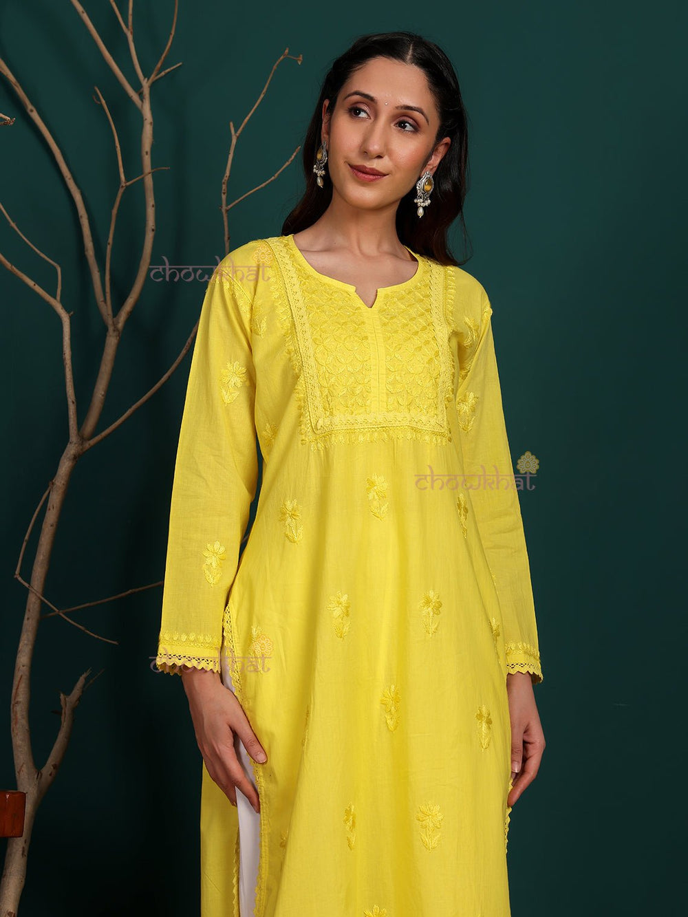 Yellow Zawiya Dyed Regular Size Mulmul Cotton Chikankari Kurti with Lace Detailing – Perfect for Every Occasions, malabis.in