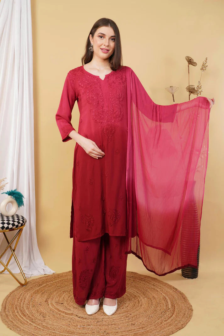 Maroon Ananya Shaded Rayon Kurti, Palazzo & Dupatta Set
