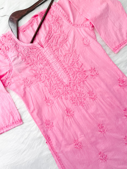 Shireen Dyed Premium Cotton Chikankari Kurti with Hand Embroidery | Long Length Comfort Fit