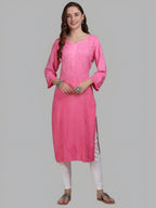 Pink Nargis Rayon Ombre/Shaded Dyed Long Chikankari Kurti malabis.in