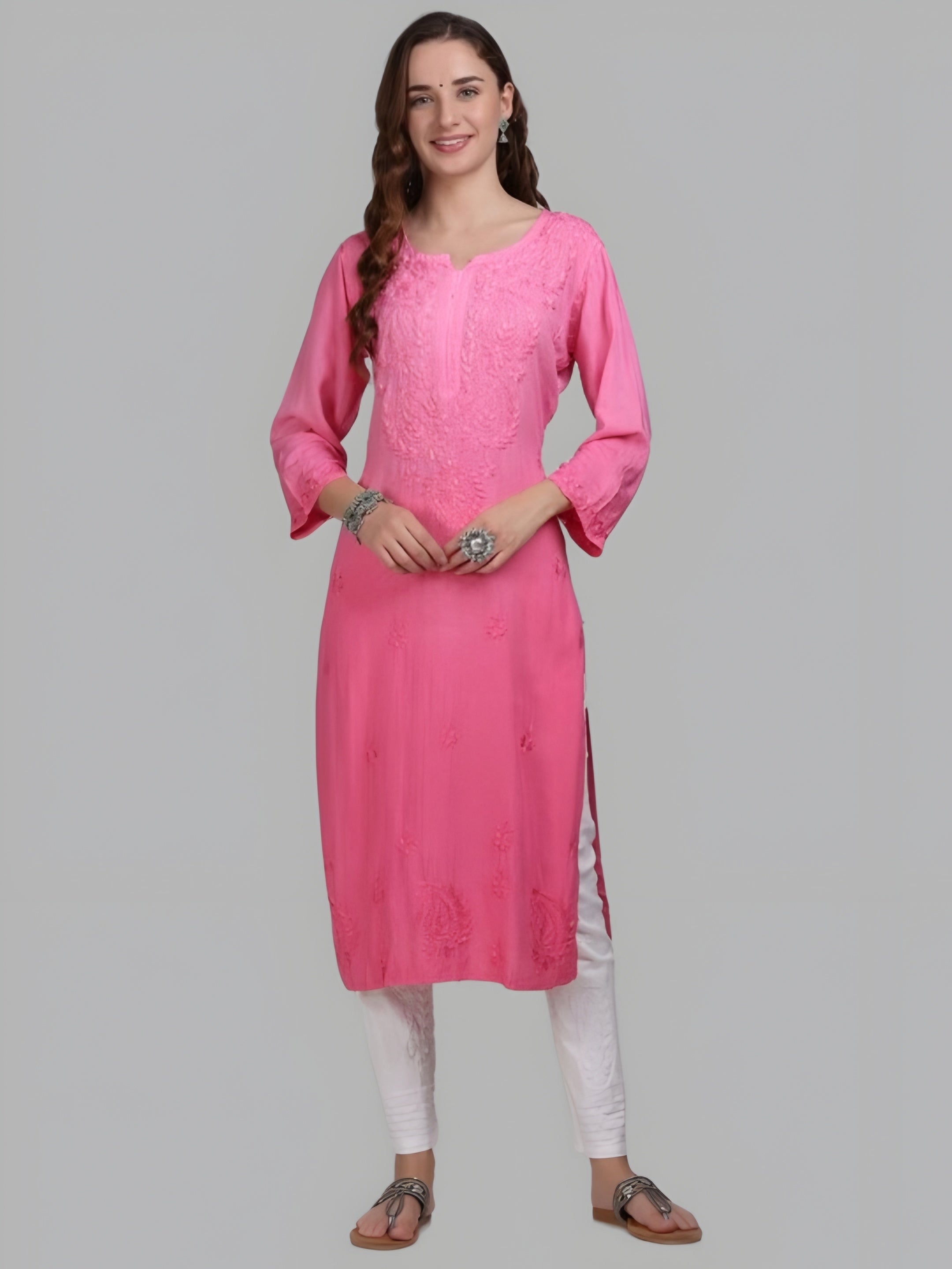 Pink Nargis Rayon Ombre/Shaded Dyed Long Chikankari Kurti malabis.in
