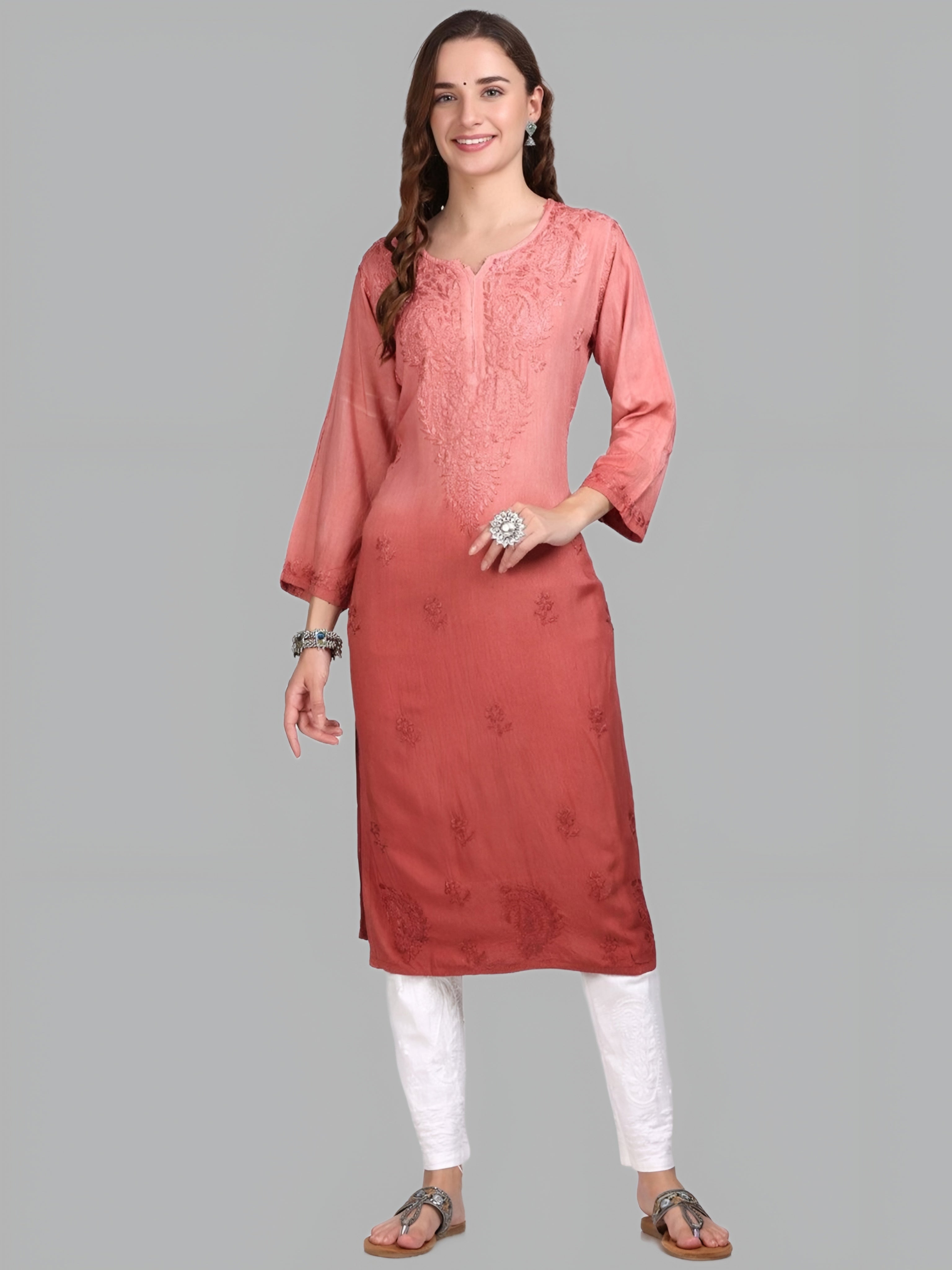 Rust Nargis Rayon Ombre/Shaded Dyed Long Chikankari Kurti malabis.in