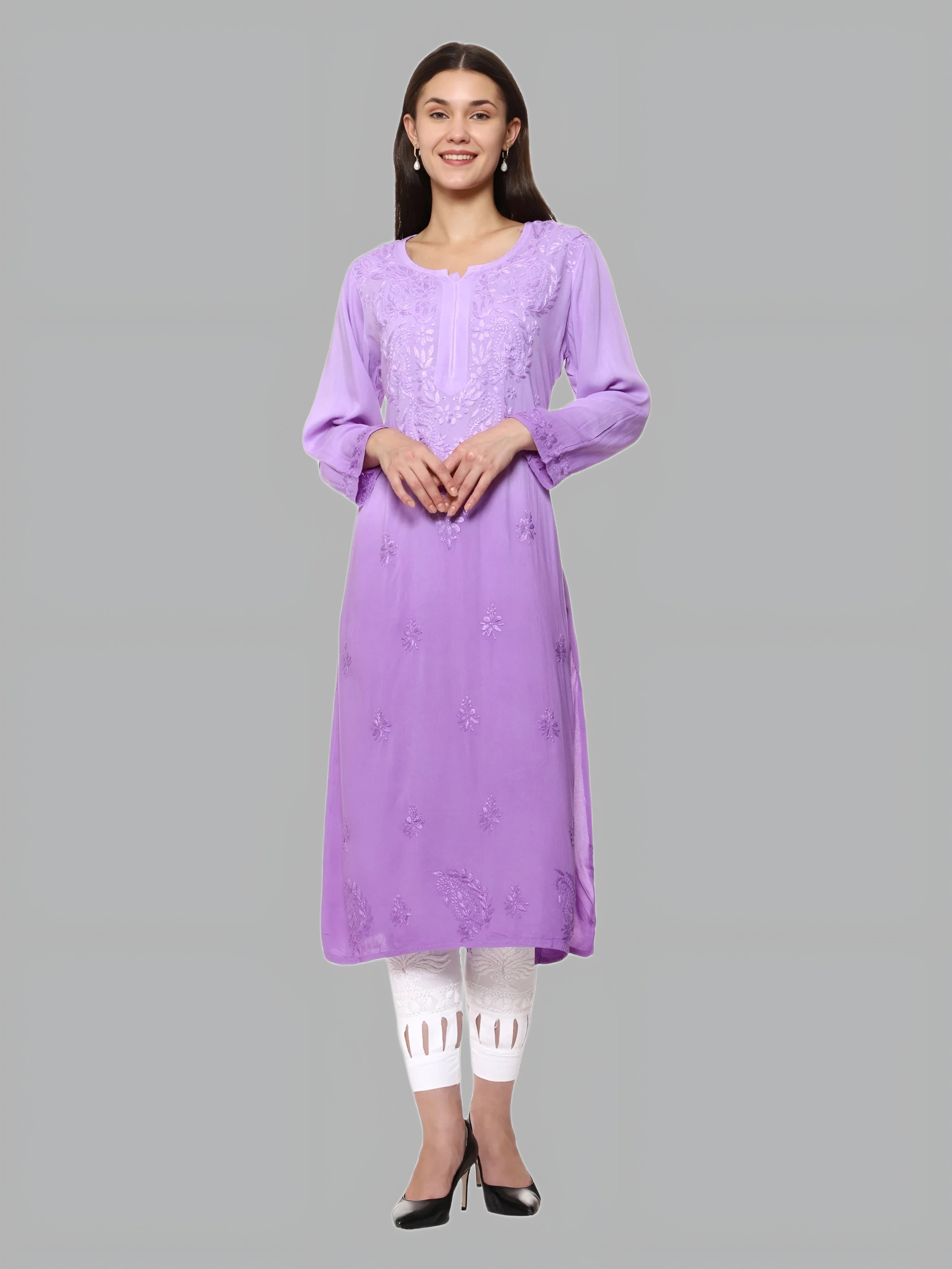 Lavender Nargis Rayon Ombre/Shaded Dyed Long Chikankari Kurti malabis.in