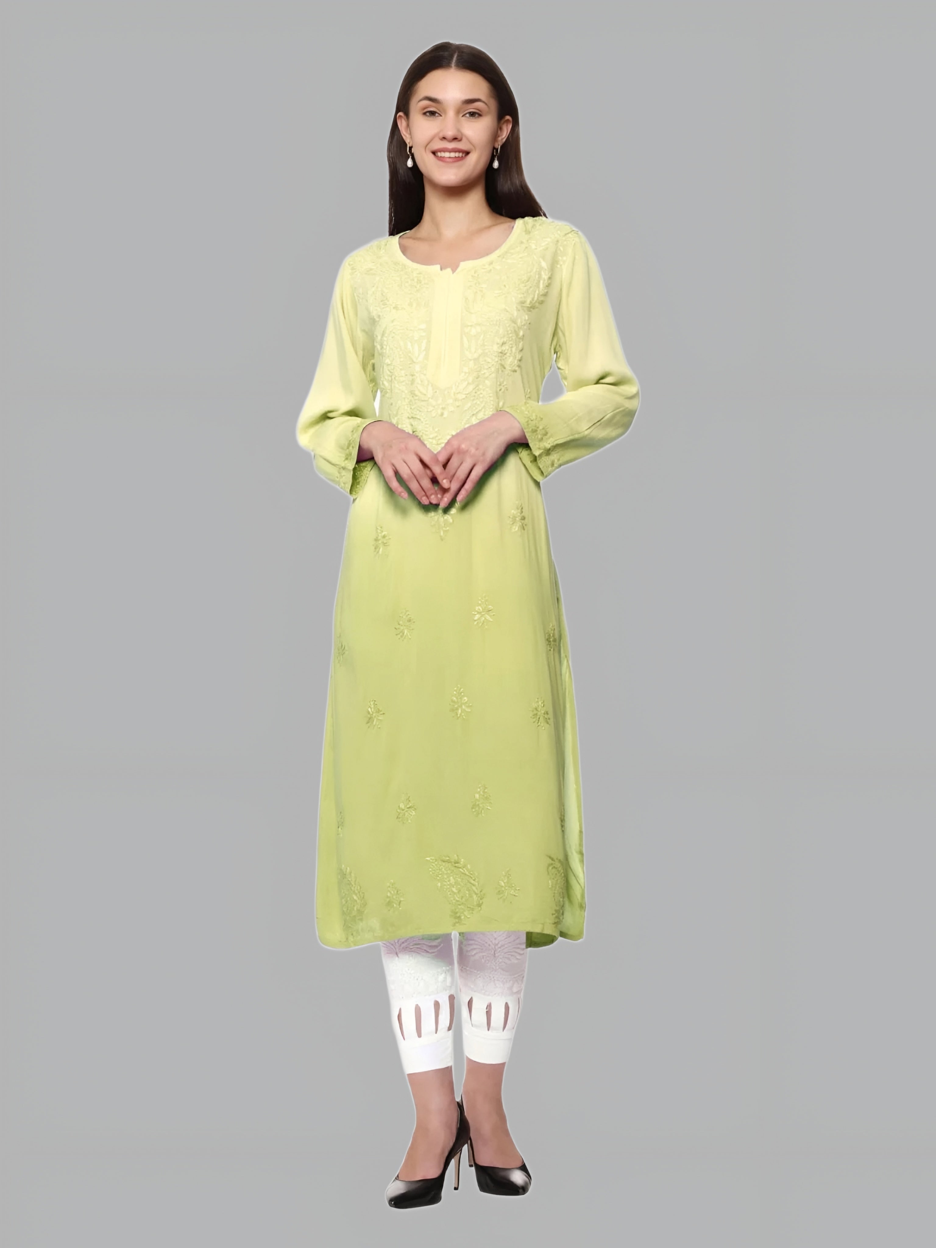 Lemon Nargis Rayon Ombre/Shaded Dyed Long Chikankari Kurti malabis.in