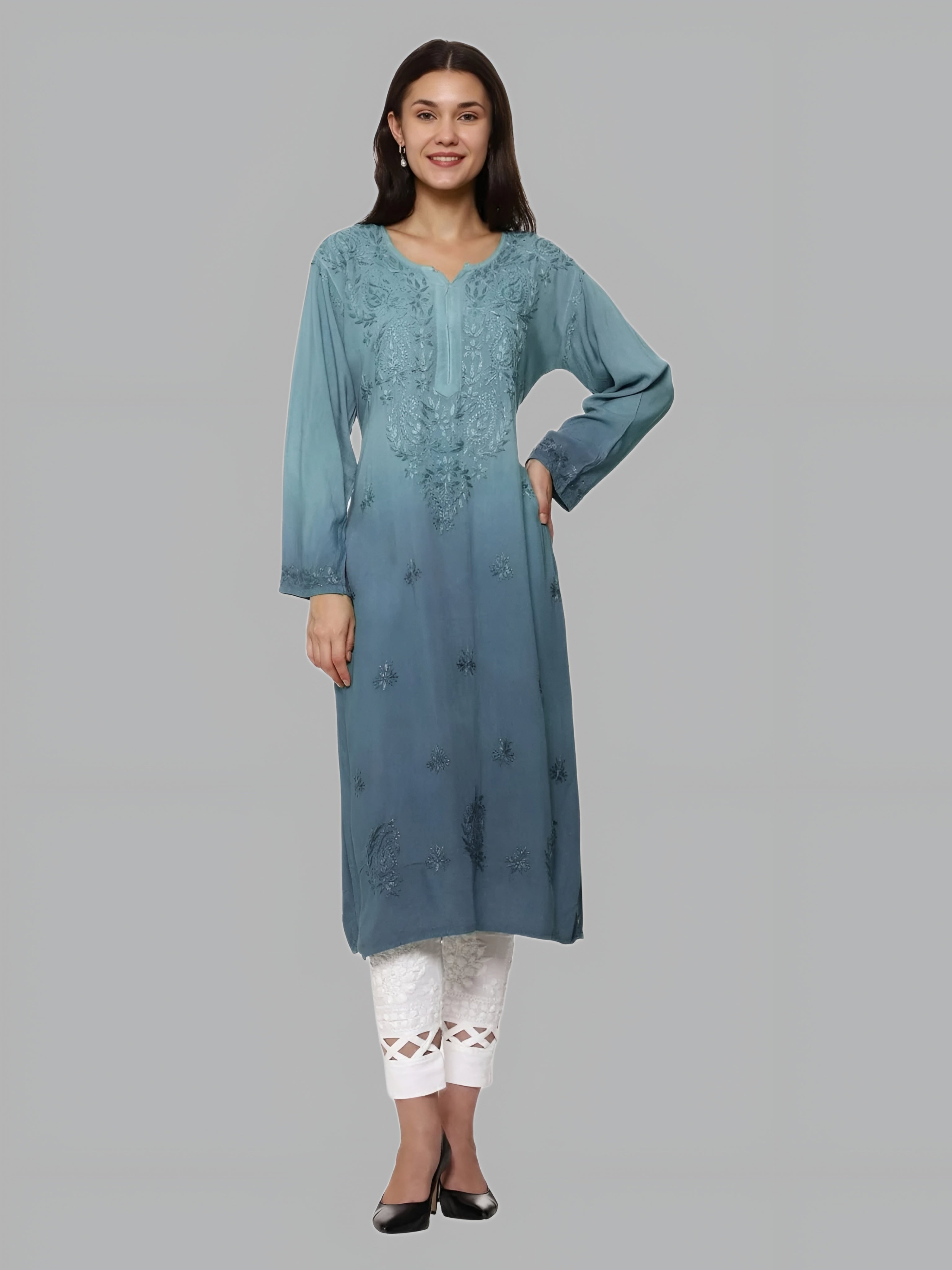 Greyish Blue Nargis Rayon Ombre/Shaded Dyed Long Chikankari Kurti malabis.in