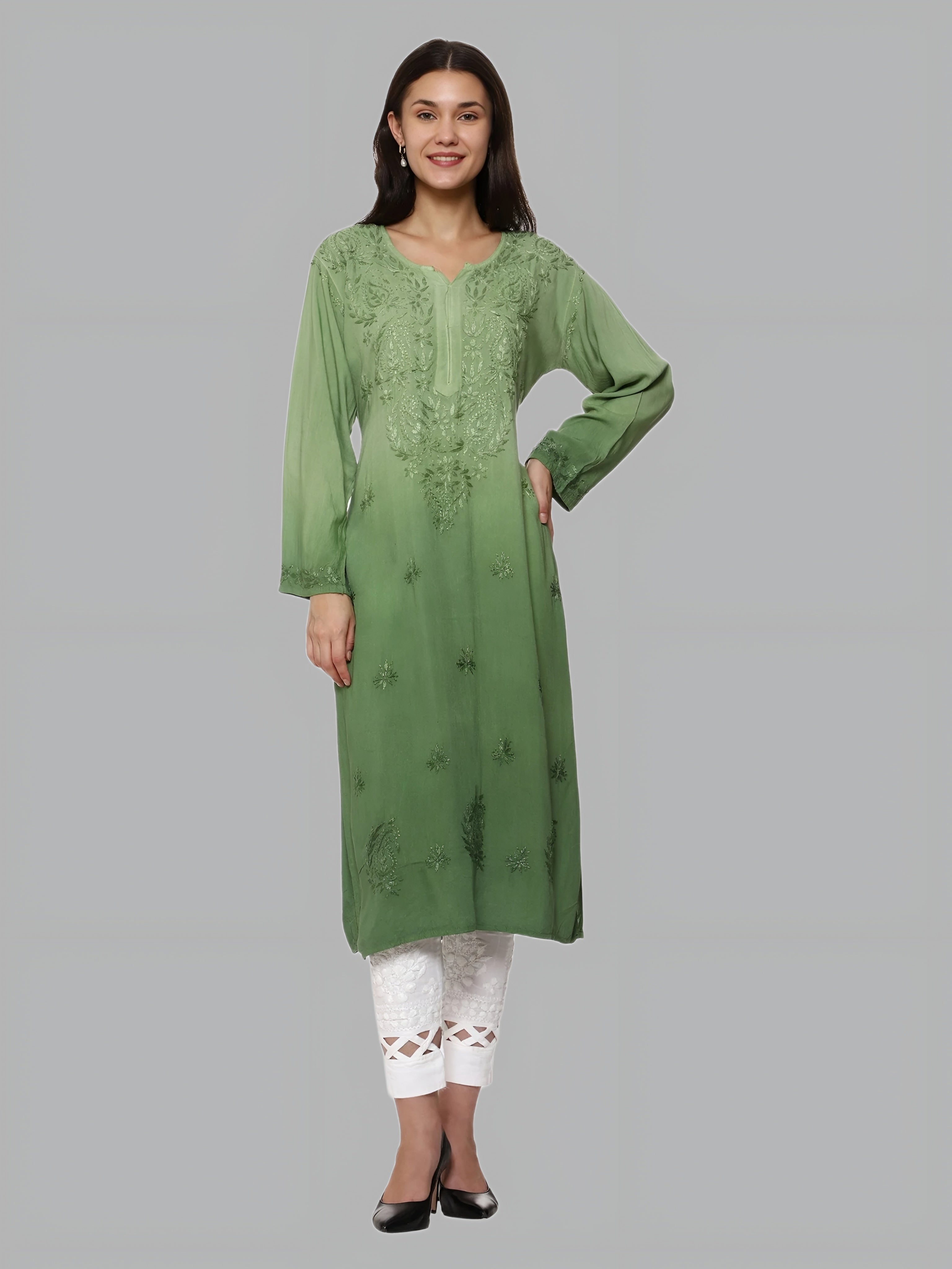 Pista Nargis Rayon Ombre/Shaded Dyed Long Chikankari Kurti malabis.in