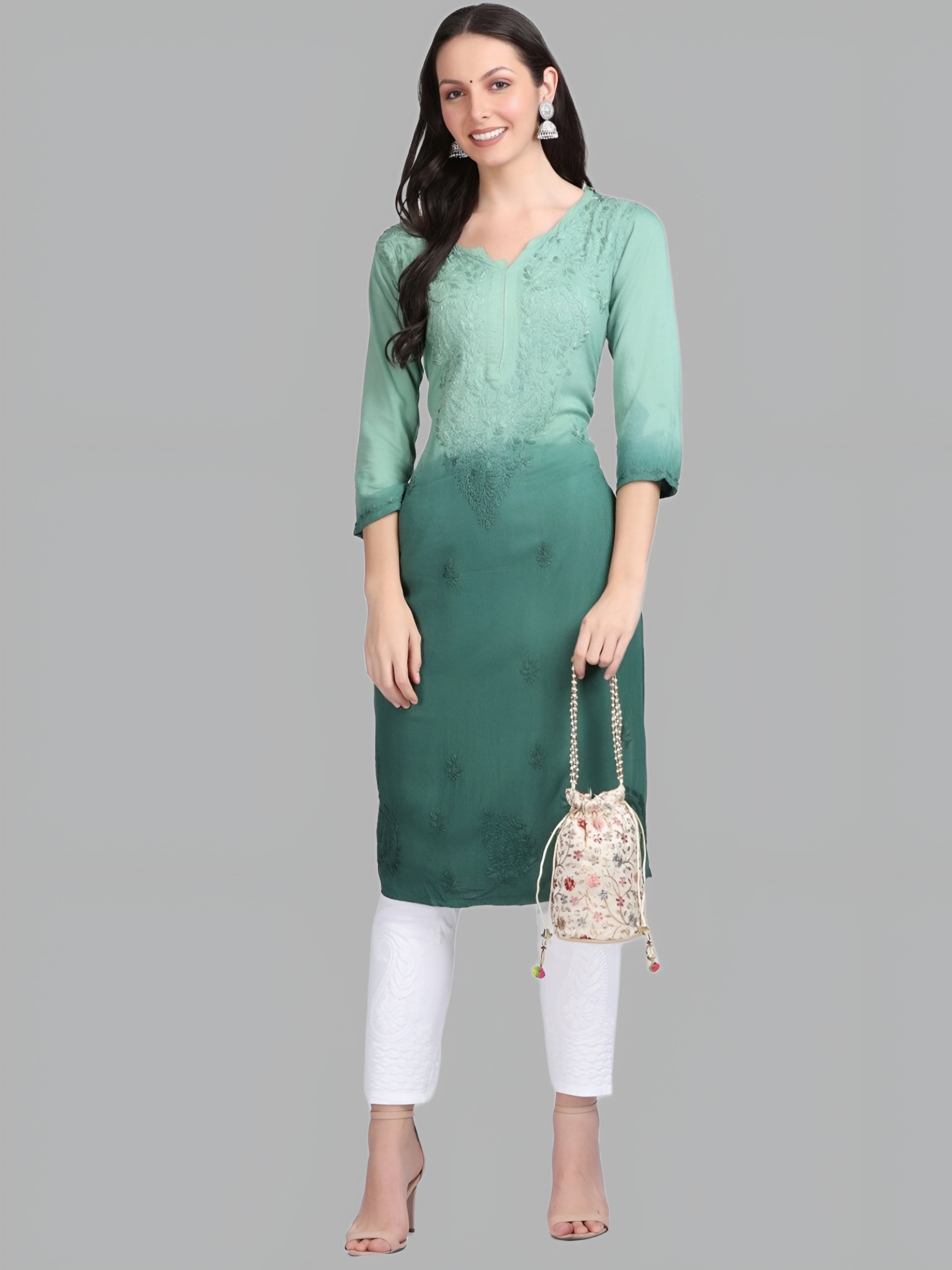 Mashi Nargis Rayon Ombre/Shaded Dyed Long Chikankari Kurti malabis.in