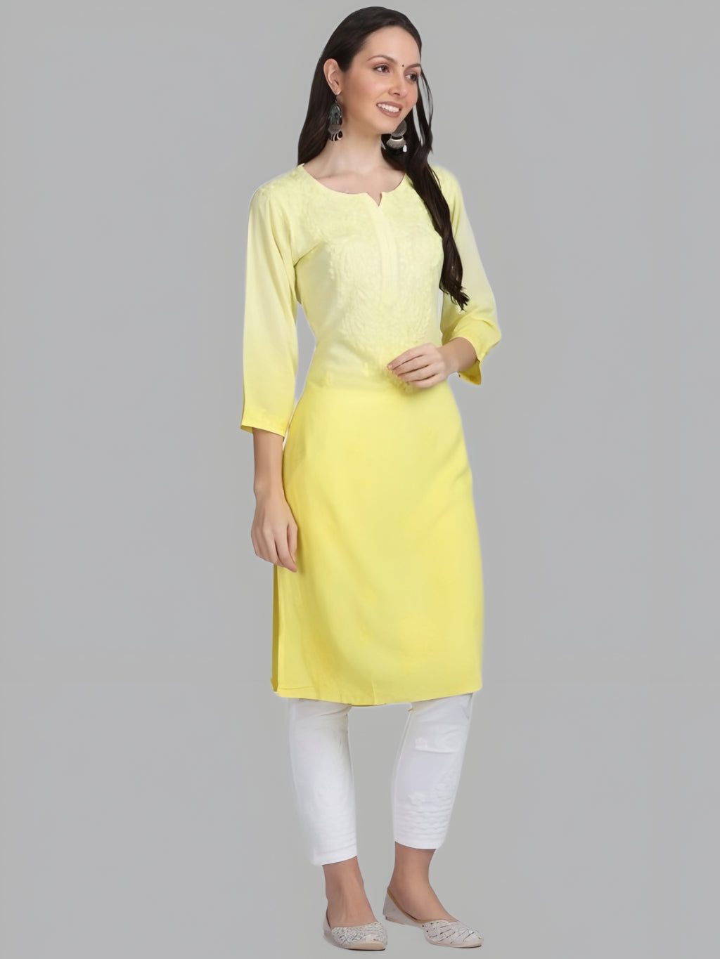Yellow Nargis Rayon Ombre/Shaded Dyed Long Chikankari Kurti malabis.in