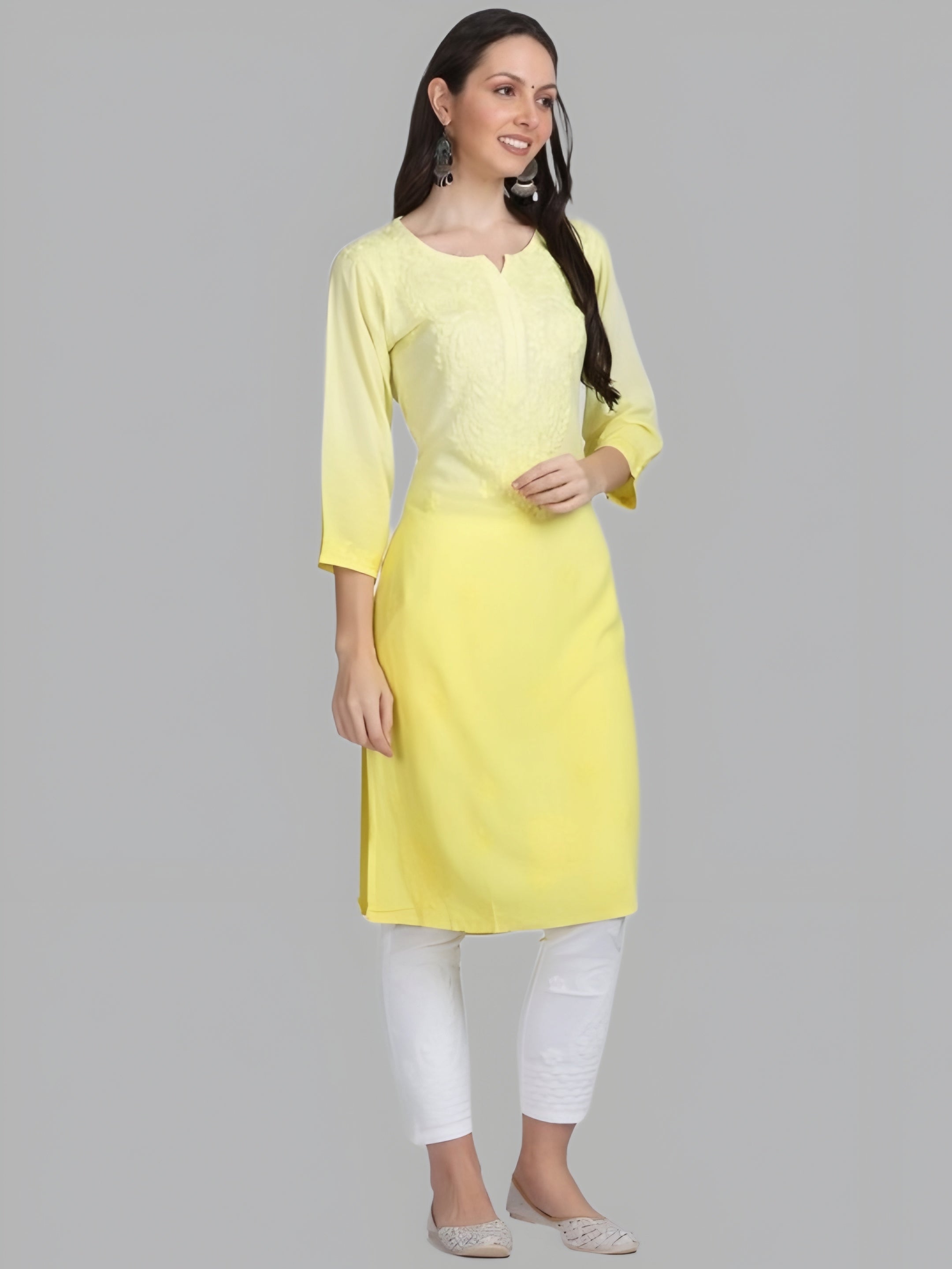 Yellow Nargis Rayon Ombre/Shaded Dyed Long Chikankari Kurti malabis.in