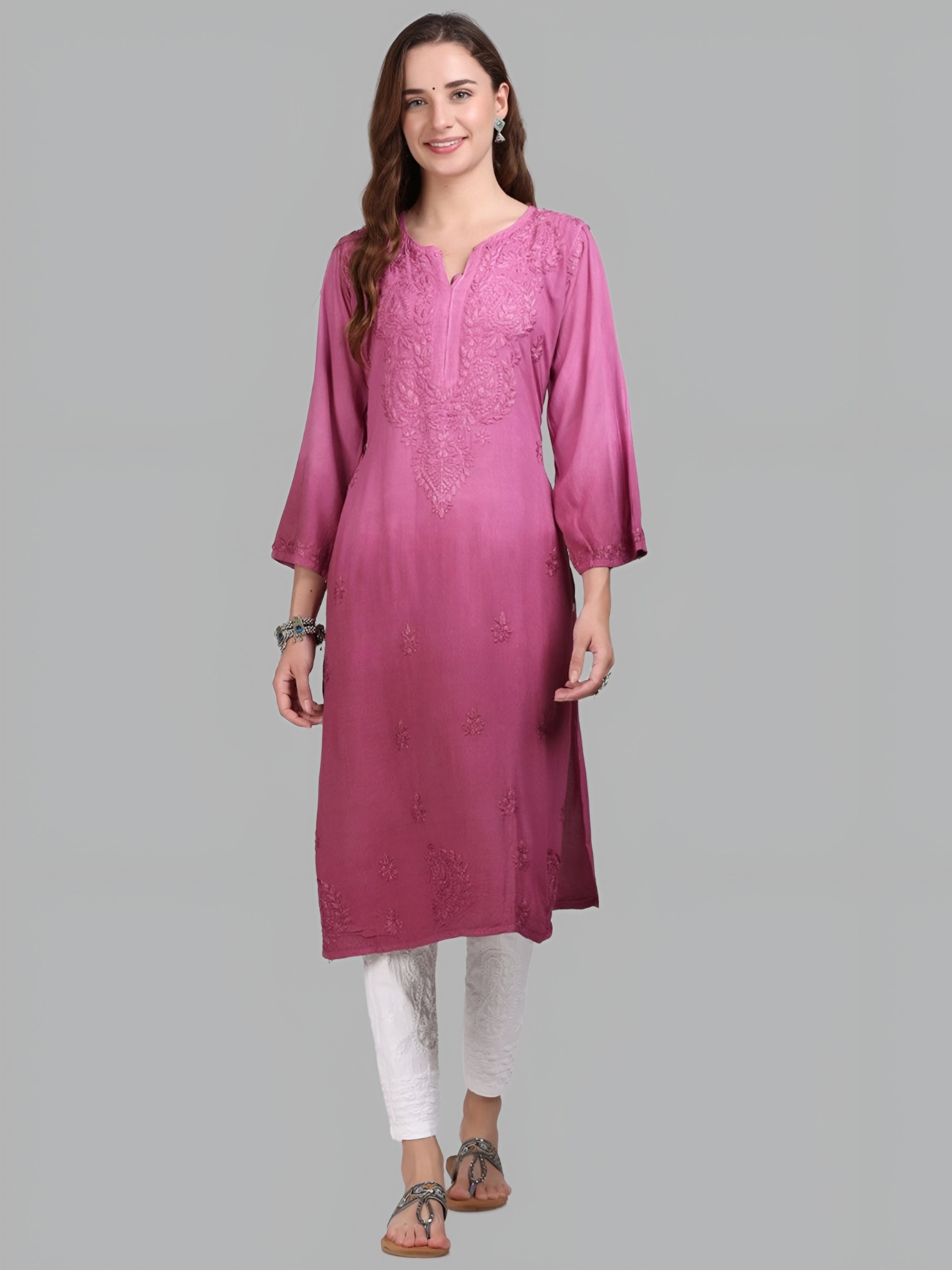 Wine Nargis Rayon Ombre/Shaded Dyed Long Chikankari Kurti malabis.in
