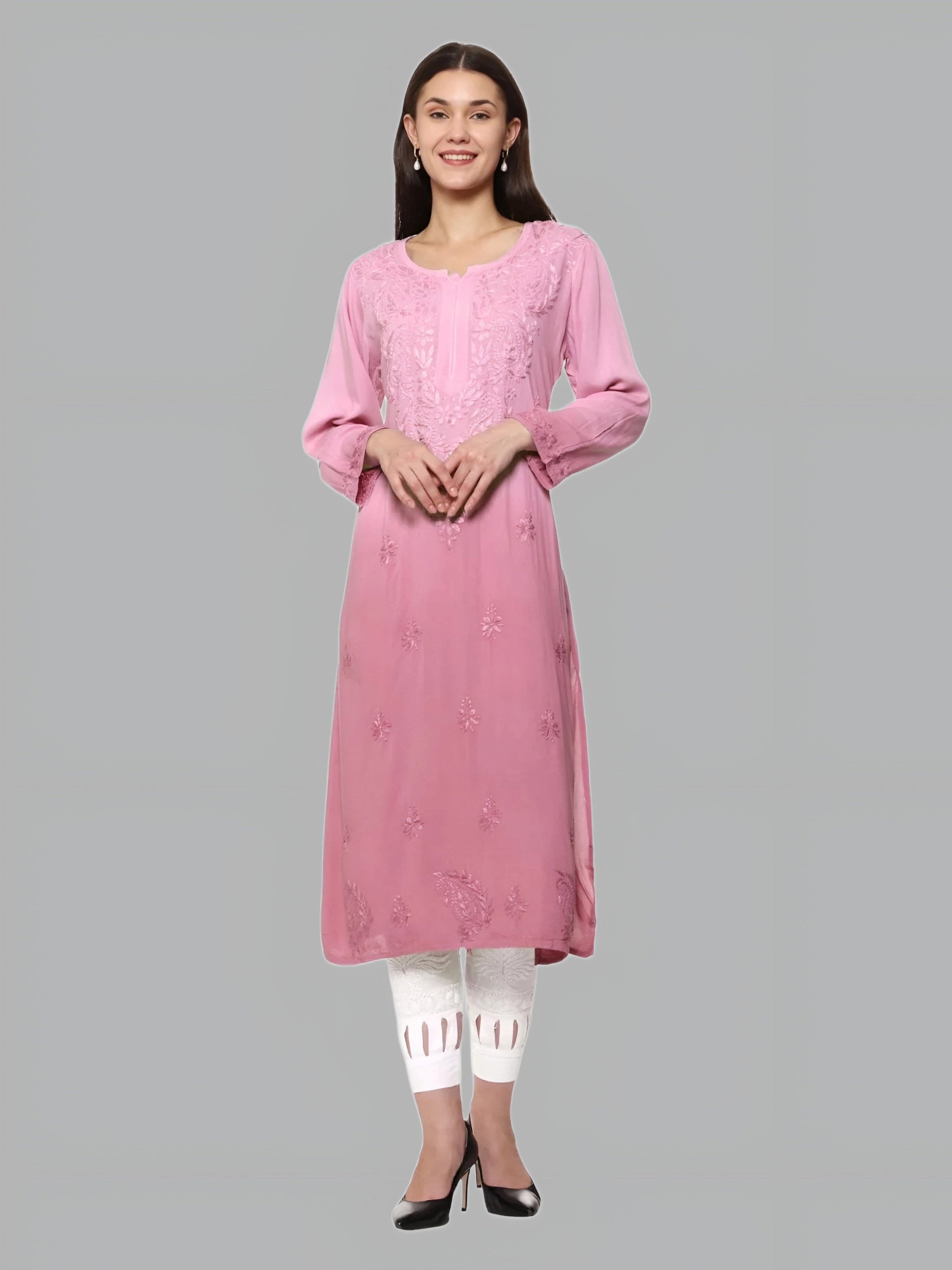 Peach Nargis Rayon Ombre/Shaded Dyed Long Chikankari Kurti malabis.in