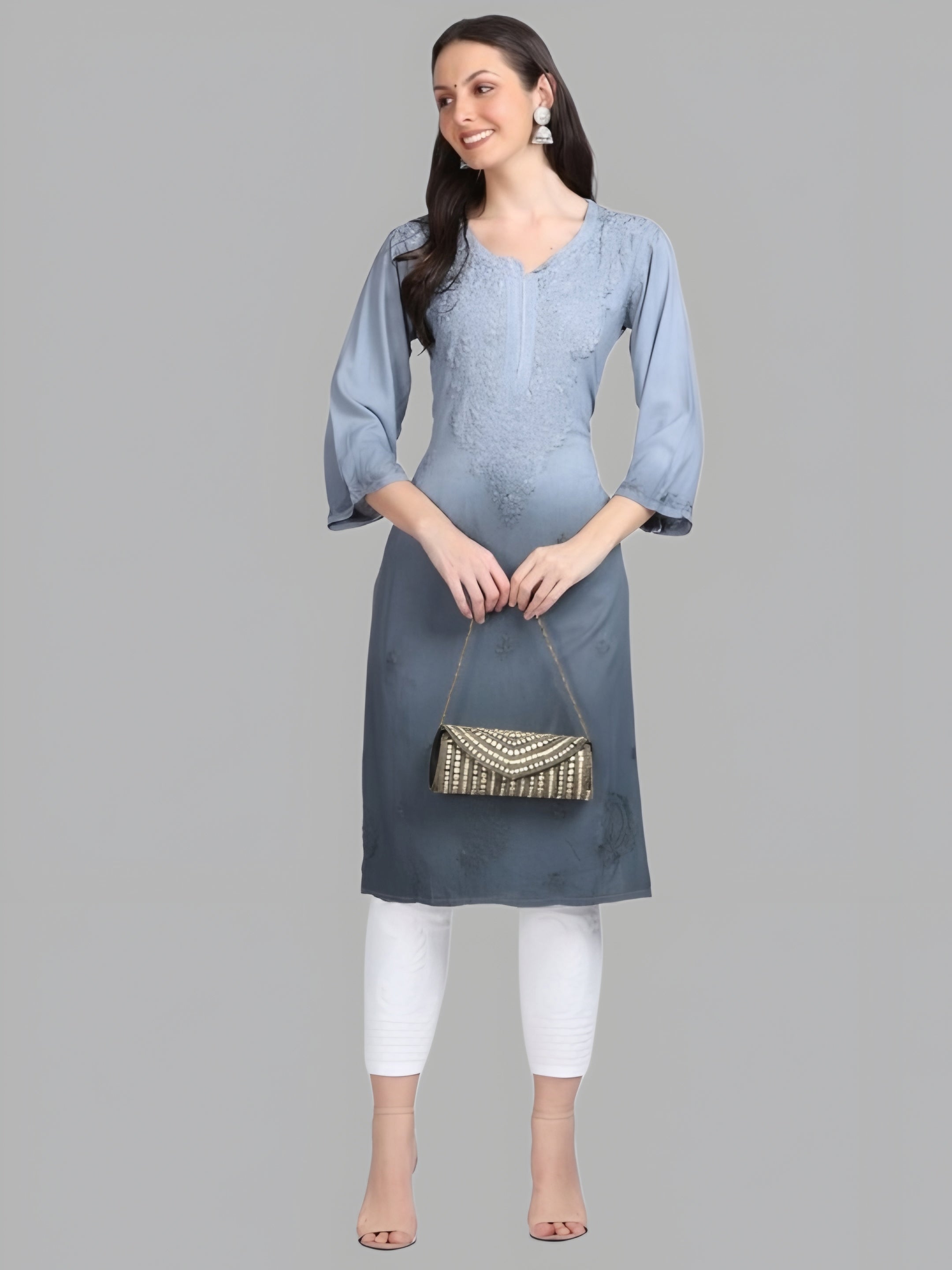 Gray Nargis Rayon Ombre/Shaded Dyed Long Chikankari Kurti malabis.in