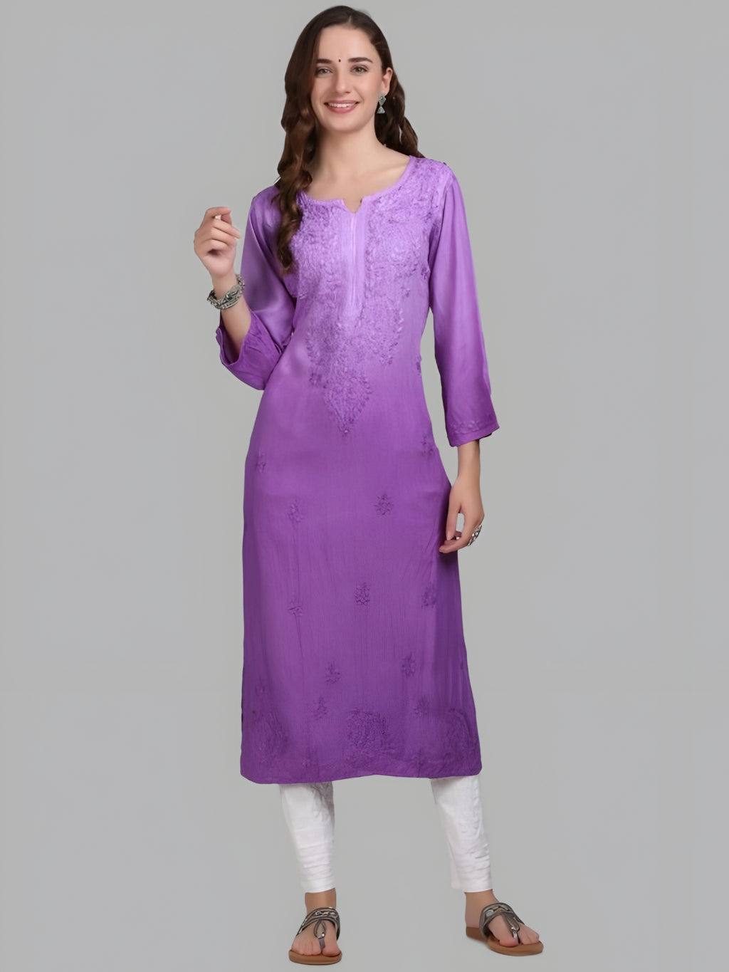 Purple Nargis Rayon Ombre/Shaded Dyed Long Chikankari Kurti malabis.in