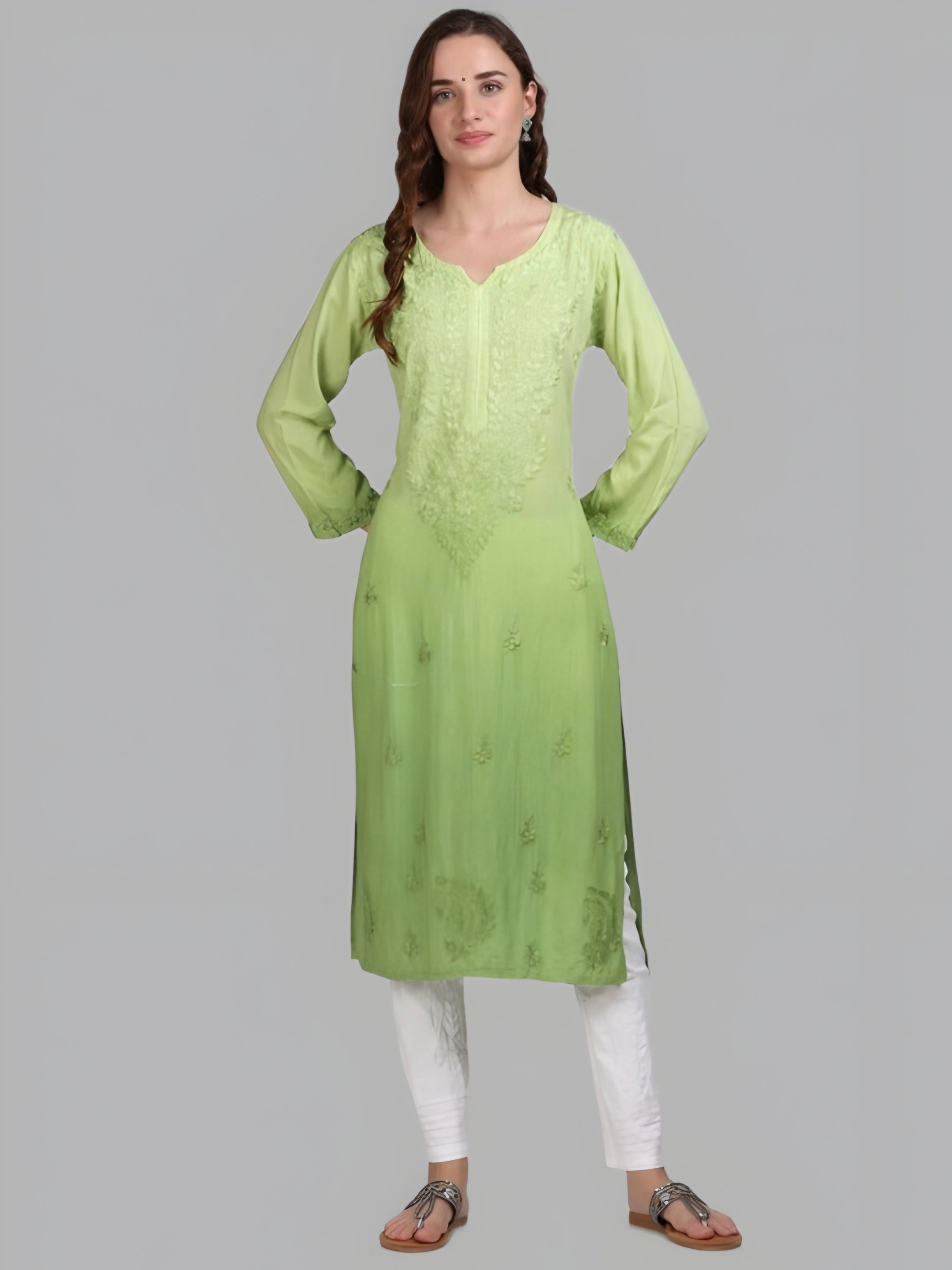 Parrot Green Nargis Rayon Ombre/Shaded Dyed Long Chikankari Kurti malabis.in