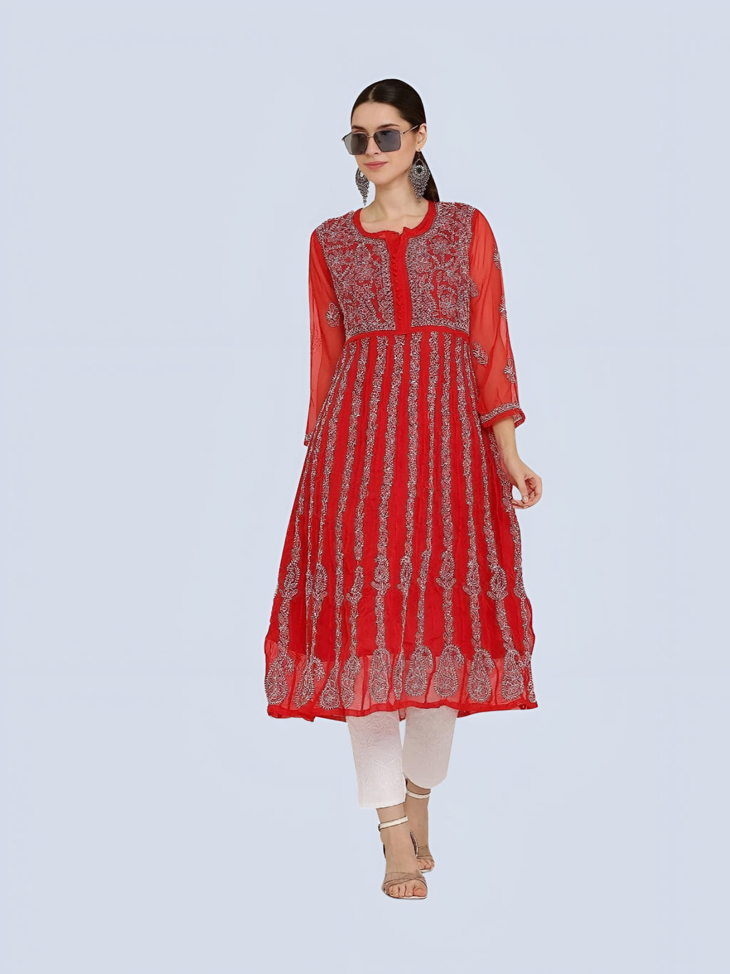 Red Gauhar Chiffon Georgette Chikankari Flared Anarkali Kurti with Cotton Stretchable Lycra Pant &amp; Matching Cotton Inner ( 3 Pcs Set)