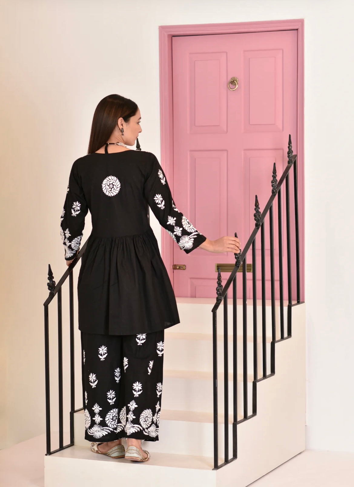 Black Afsana Chikankari Short Gown & Palazzo Set