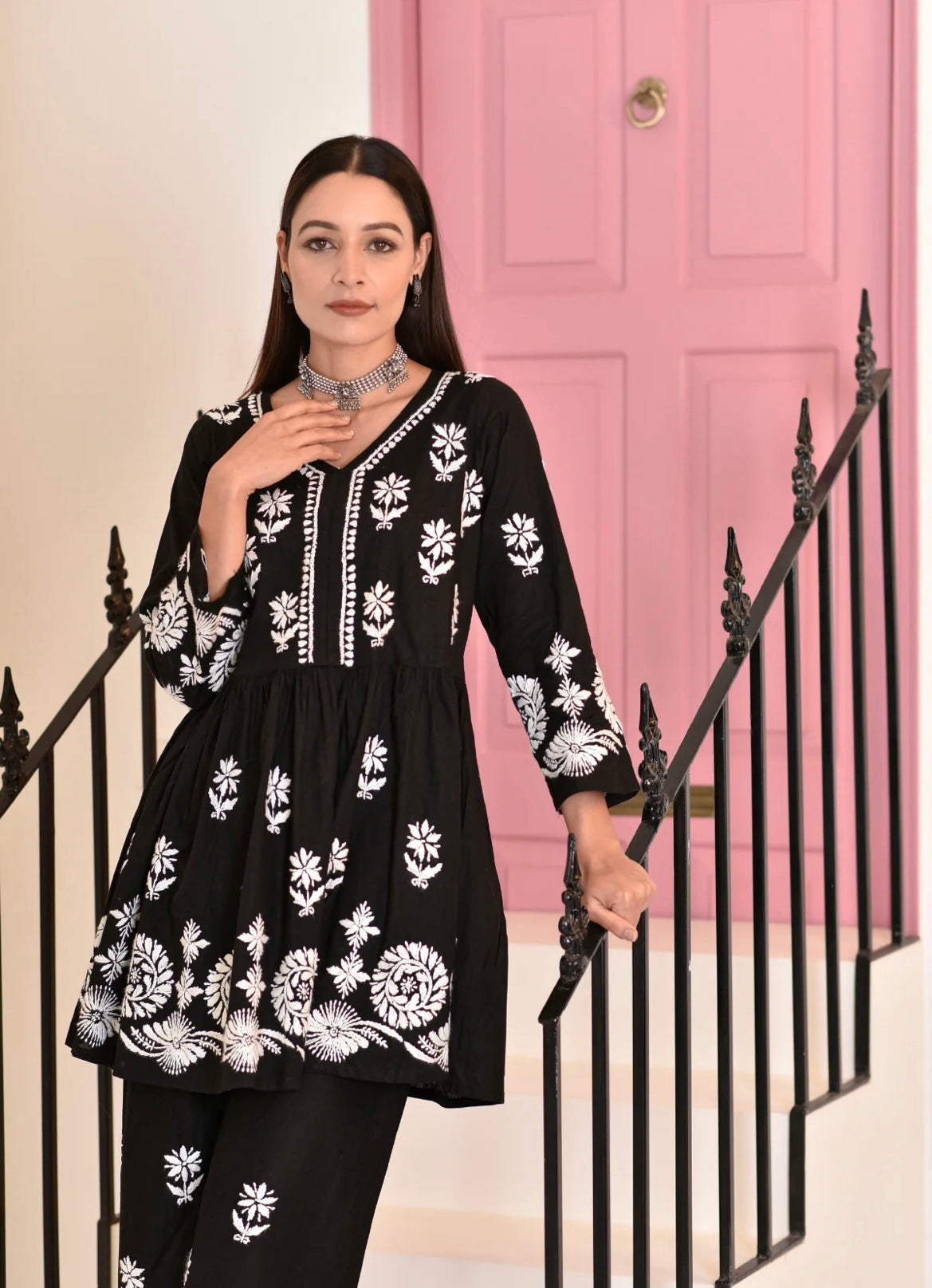 Black Afsana Chikankari Short Gown & Palazzo Set