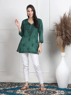 Bottle Green Nuzhat Dyed Short Cotton Top/Kurti