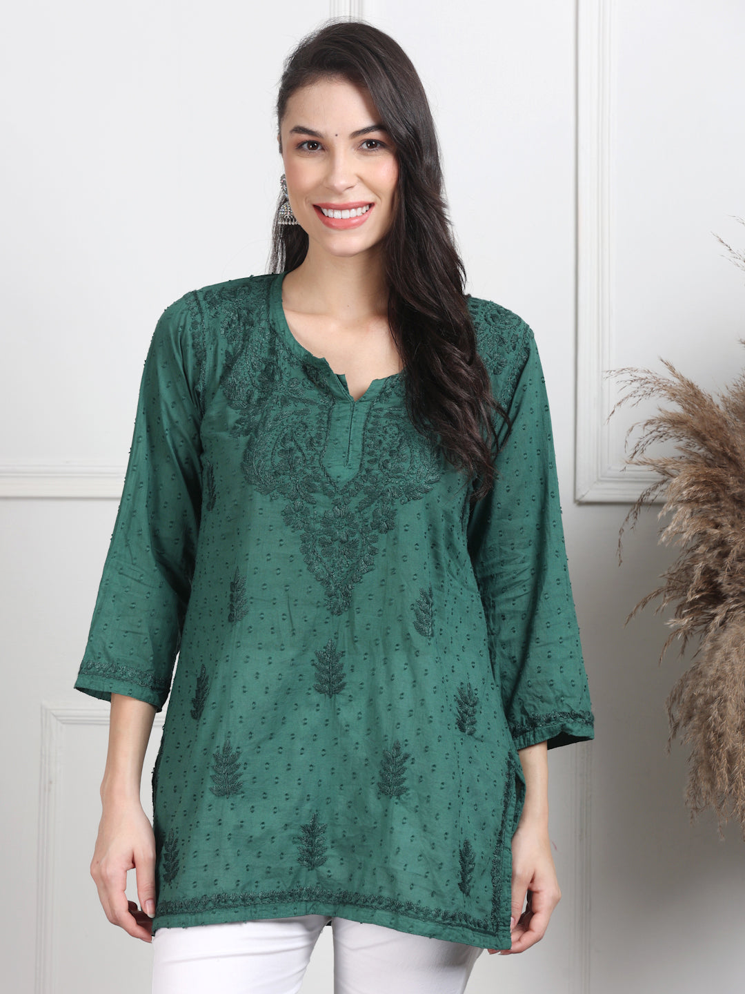 Bottle Green Nuzhat Dyed Short Cotton Top/Kurti
