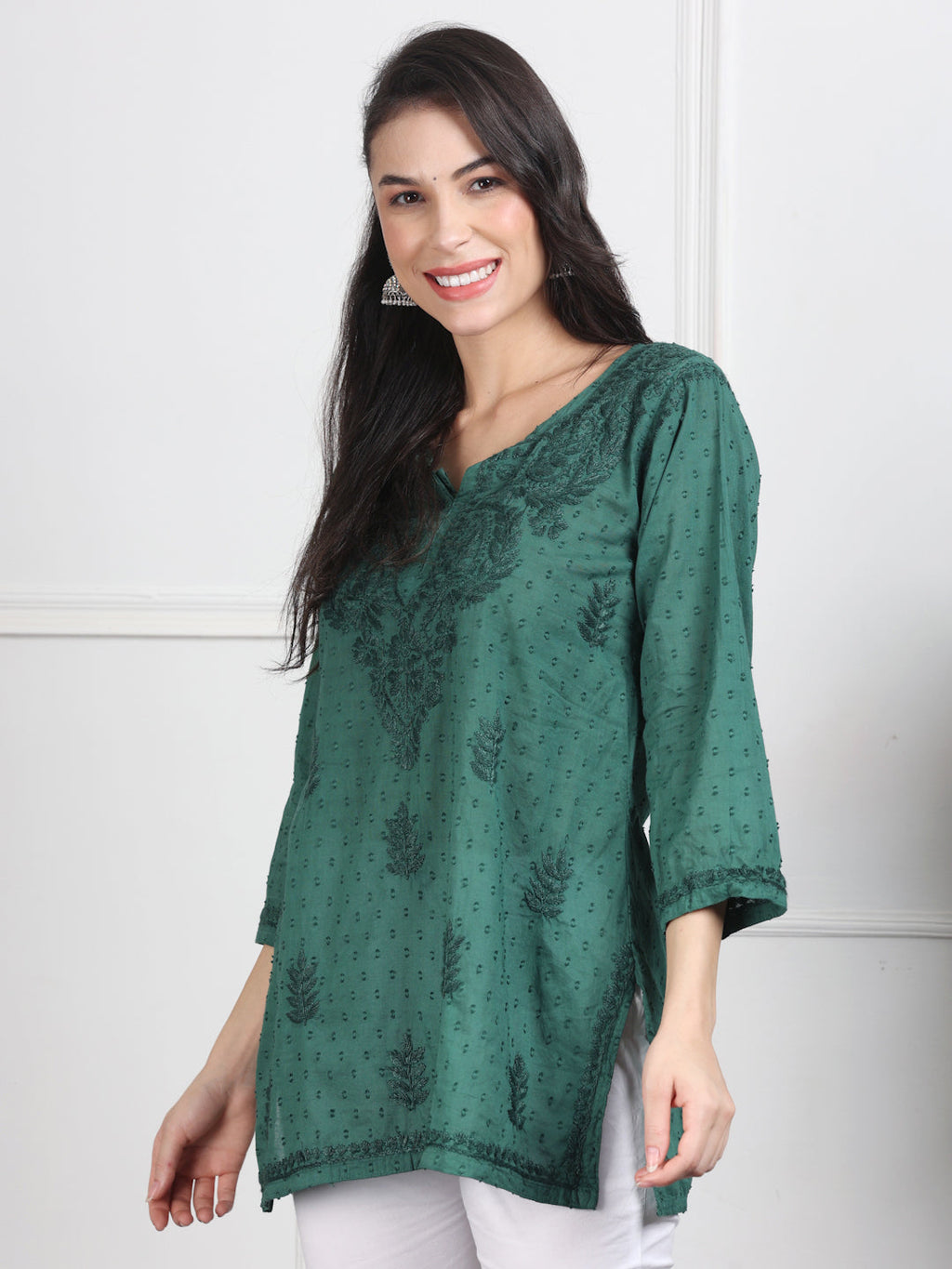 Bottle Green Nuzhat Dyed Short Cotton Top/Kurti