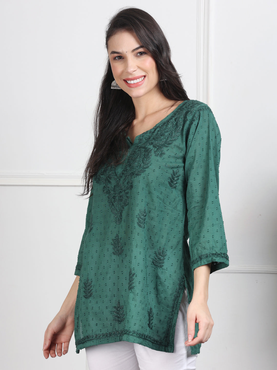 Bottle Green Nuzhat Dyed Short Cotton Top/Kurti