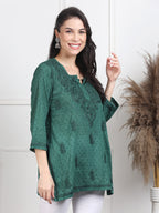 Bottle Green Nuzhat Dyed Short Cotton Top/Kurti