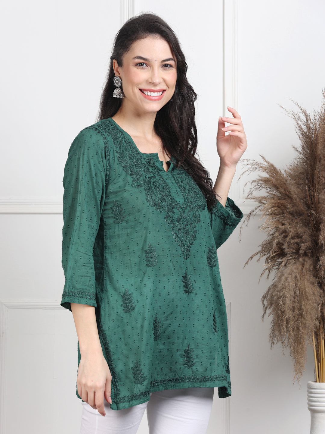 Bottle Green Nuzhat Dyed Short Cotton Top/Kurti