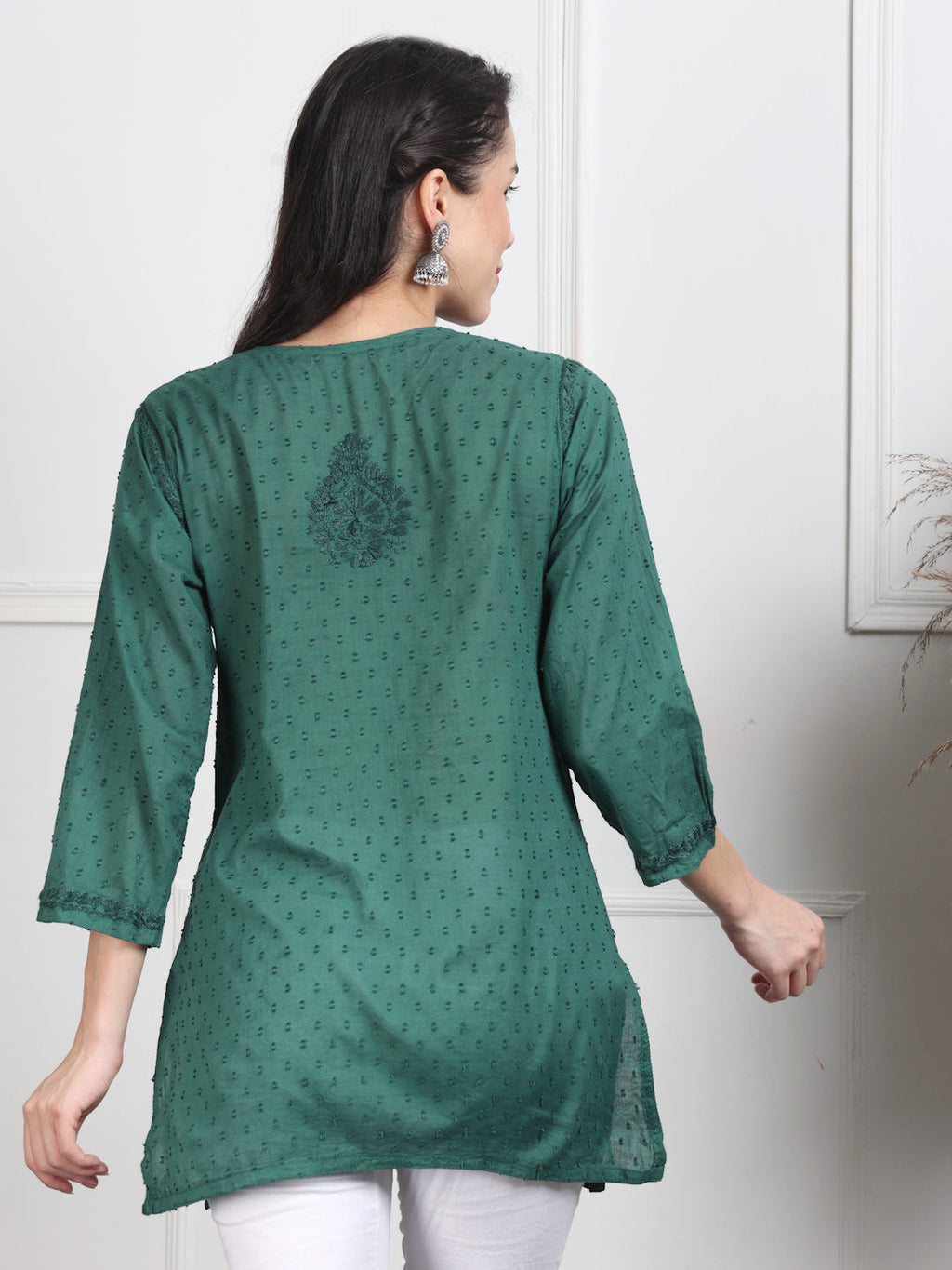 Bottle Green Nuzhat Dyed Short Cotton Top/Kurti