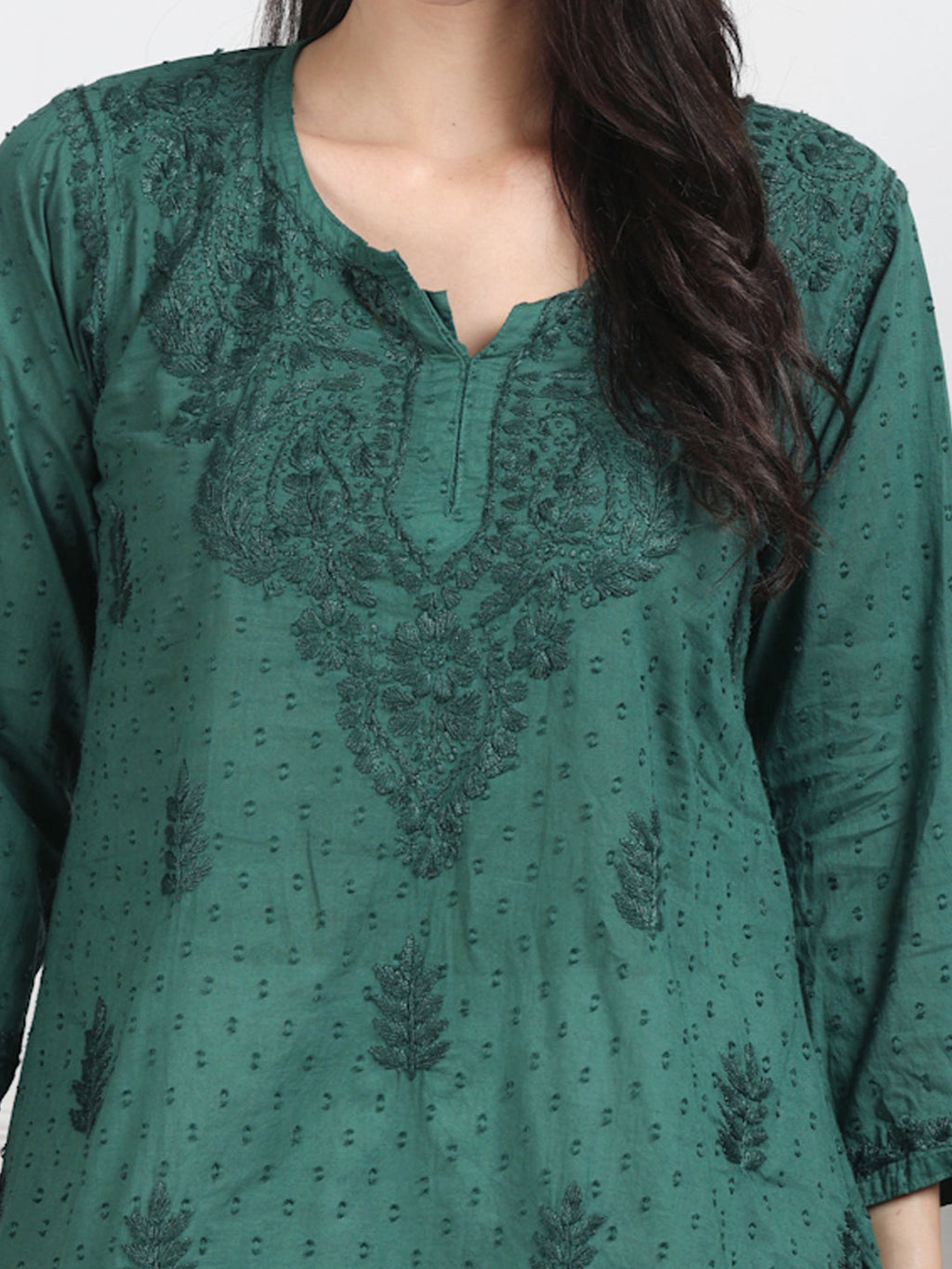 Bottle Green Nuzhat Dyed Short Cotton Top/Kurti
