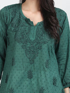 Bottle Green Nuzhat Dyed Short Cotton Top/Kurti