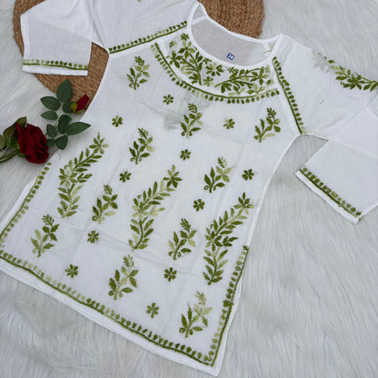 Women's White Base Pure Mulmul Chikankari Short Kurti with Color Threadwork