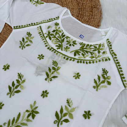 Women's White Base Pure Mulmul Chikankari Short Kurti with Color Threadwork