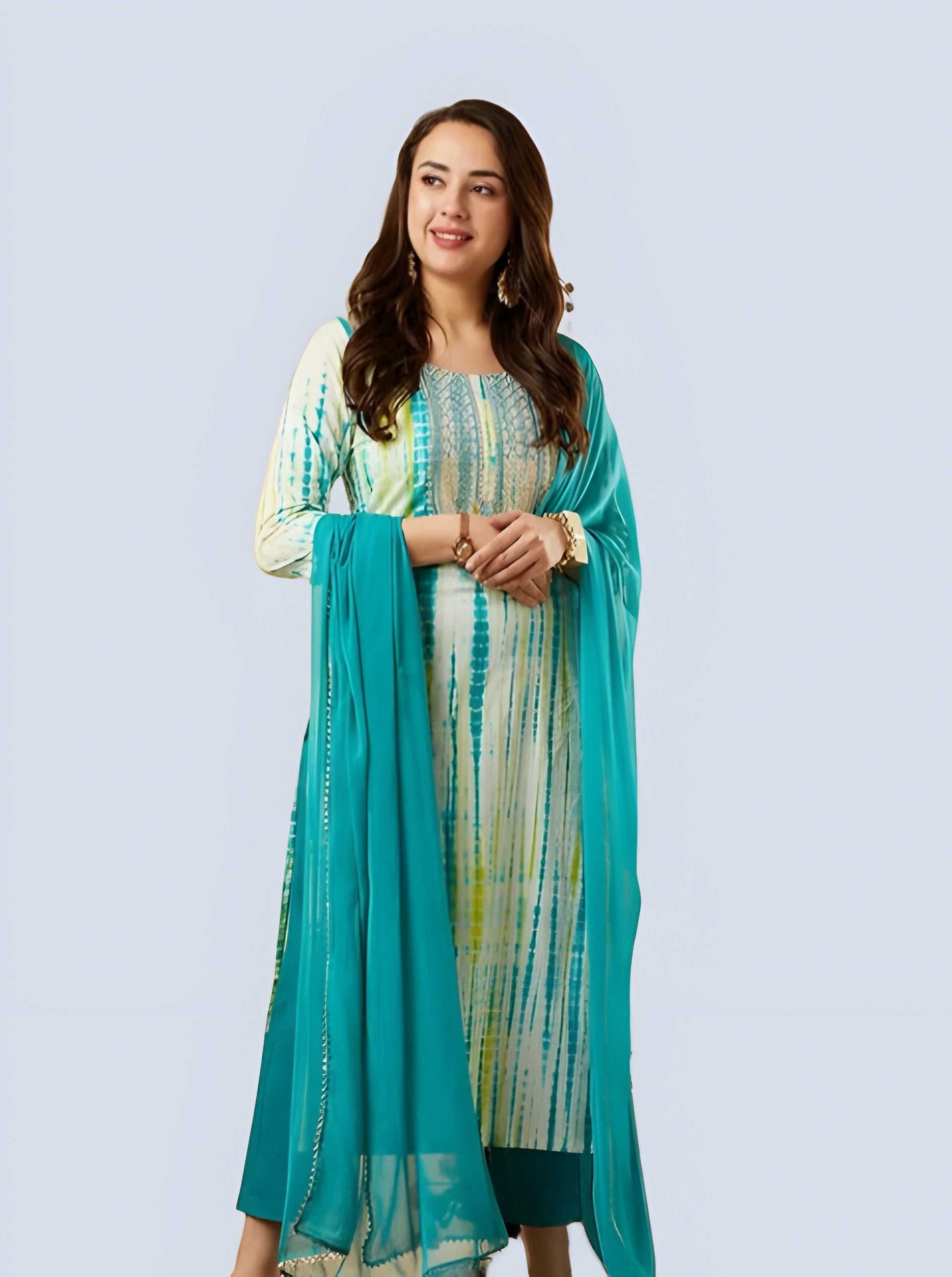 Sea Green Gulnaaz Shibori Cotton Kurti, Pant & Dupatta Set