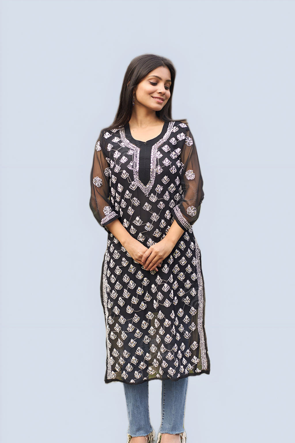 Black Hadia Chikankari Mirror Work Kurti with Inner