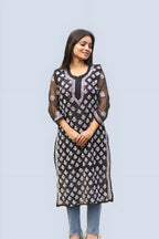 Black Hadia Chikankari Mirror Work Kurti with Inner