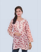 Maroon Haya Mulmul Cotton Printed Short Chikankari Top by malabis