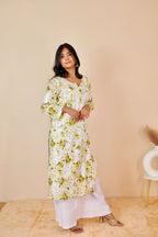 Henna Green Samina Floral Print Mulmul Kurta