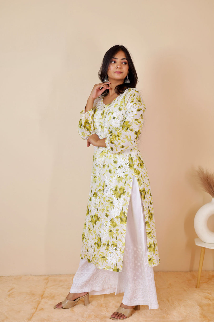 Henna Green Samina Floral Print Mulmul Kurta