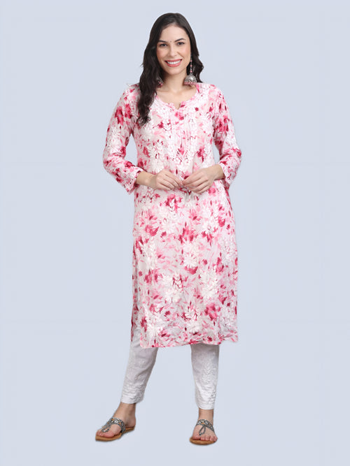 Pink Huda Floral Print Mulmul Kurti
