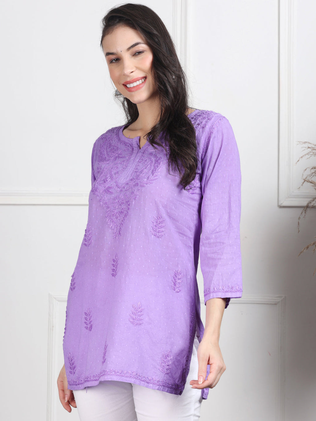Lavender Nuzhat Dyed Short Cotton Top/Kurti