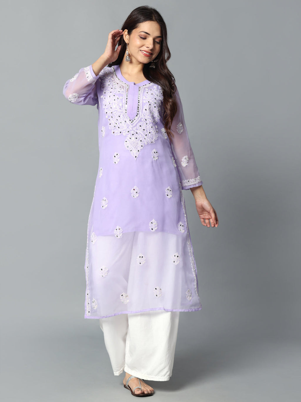 Lavender Gulbarg Mirror Work Chikankari Kurti with Inner